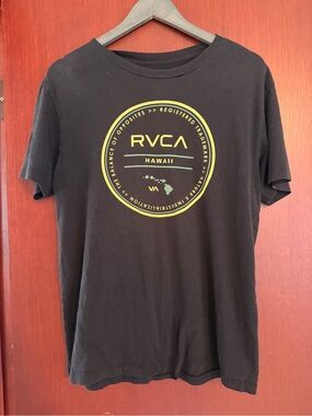 RVCA Black Short-Sleeve Tee with Yellow Hawaii Emblem